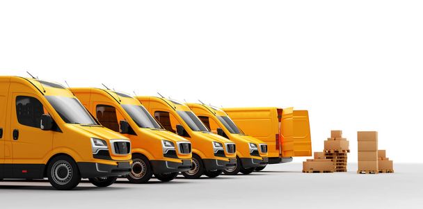 Minibüs taşıma kamyonlarıyla beyaz üzerinde paket teslimatı. Ulaşım, nakliye endüstrisi. 3B illüstrasyon - Fotoğraf, Görsel