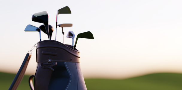 Golf club in borsa al campo da golf resort al tramonto - Foto, immagini