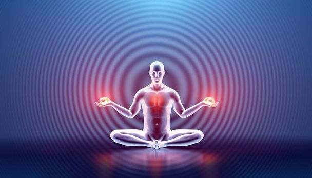 Mente humana e atenção plena ao corpo. Meditação Yoga energia zen e bem-estar espiritual. Ilustração 3D - Foto, Imagem