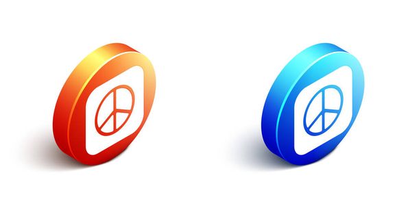 Isometrisches Peace-Symbol isoliert auf weißem Hintergrund. Hippie-Symbol für den Frieden. Orange und blauer Kreis-Knopf. Vektor. - Vektor, Bild
