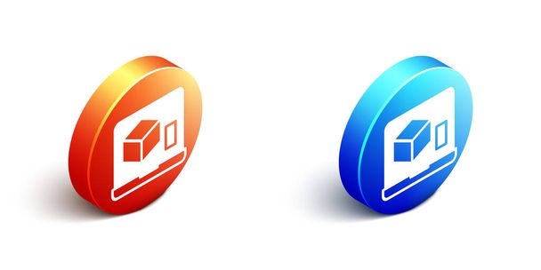 Isometric 3D printer icon isolated on white background. 3d printing. Orange and blue circle button. Vector. - Vector, Image