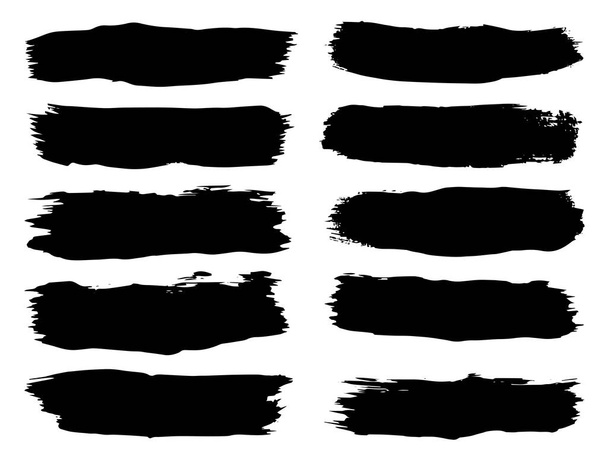 Vector collection or set of artistic black paint, ink or acrylic hand made creative brush stroke backgrounds isolated on white as grunge or grungy art, education abstract elements frame design - Vector, Image