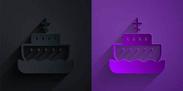Paper cut Ark of noah icon isolated on black on purple background. Wood big high cargo. Paper art style. Vector. - Вектор, зображення