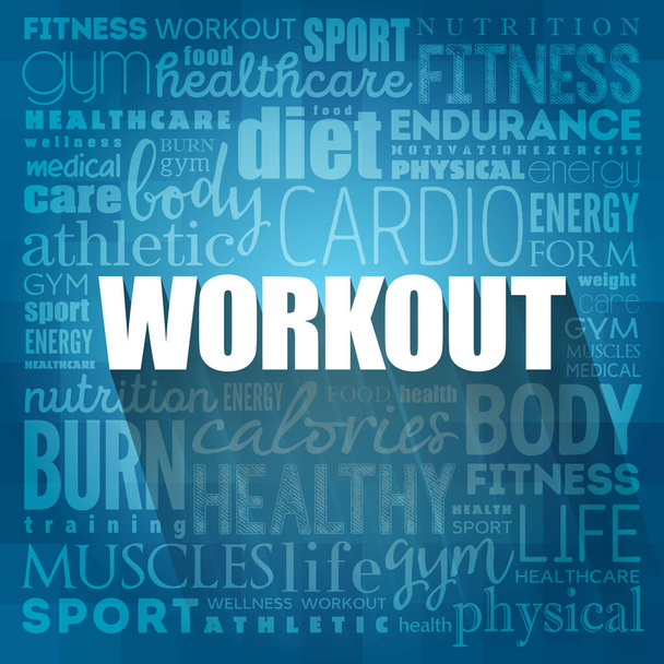 Works Word Cloud Collage, Fitness, Gesundheitskonzept Hintergrund - Foto, Bild