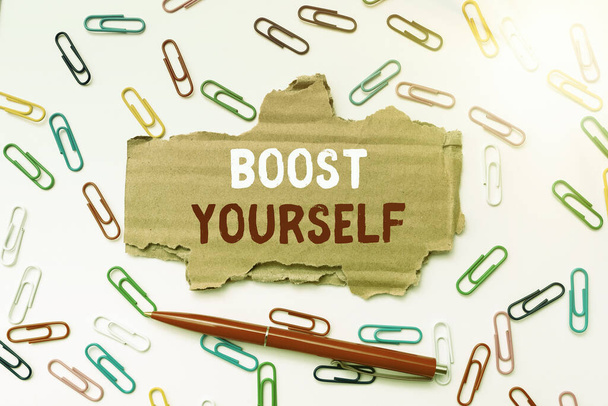 Sign displaying Boost Yourself. Concept meaning delivering a lift up to someone making them energetic again Creative Home Recycling Ideas And Designs Concepts Trash To Cash Idea - Photo, Image