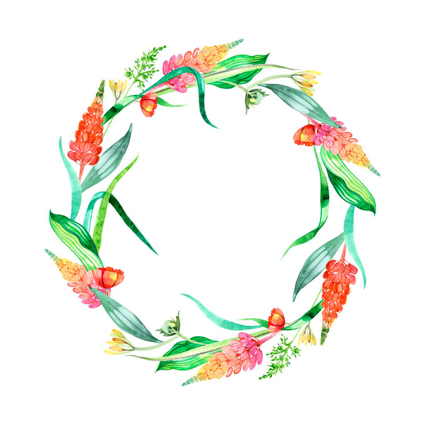 Watercolor flower arrangement. wreath of lupinus. Design for printing postcards, invitations to wedding, birthday and summer holiday. - Φωτογραφία, εικόνα