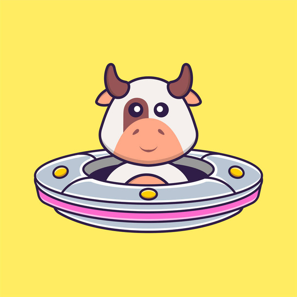 Cute cow Driving Spaceship Ufo. Animal cartoon concept isolated. Can used for t-shirt, greeting card, invitation card or mascot. - Vector, Image
