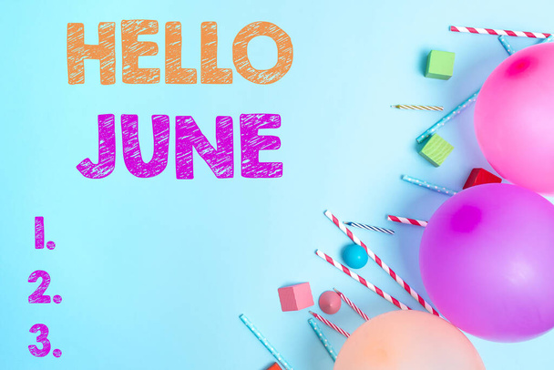 Text caption presenting Hello June. Business idea a new month to plan your activities for fun and adventures Colorful Birthday Party Designs Bright Celebration Planning Ideas - Photo, Image