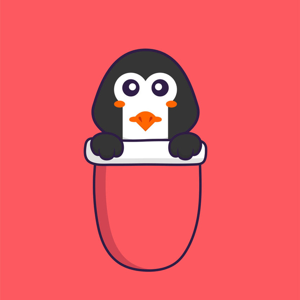 Roztomilý tučňák v červené kapse. Animální kreslený koncept izolovaný. Lze použít na tričko, přání k pozdravu, pozvánku nebo maskota. - Vektor, obrázek