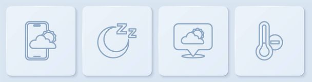 Set line Weather forecast, Location cloud, Time to sleep and Meteorology thermometer. White square button. Vector - Vector, Image