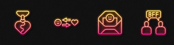 Set line Envelope with Valentine heart, Necklace shaped, Romantic relationship and BFF or best friends forever. Glowing neon icon. Vector - Vector, Image