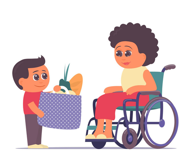 Ein kleiner Enkel brachte seiner Großmutter im Rollstuhl Lebensmittel. Pflege und Hilfe für ältere Menschen. Familienwerte. Vektor isolierte Zeichentrickillustration - Vektor, Bild