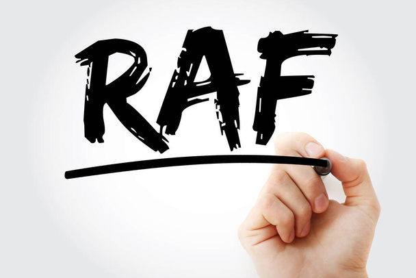 RAF - Πλαίσιο Αξιολόγησης Κινδύνων ακρωνύμιο με δείκτη, επιχειρηματικό υπόβαθρο έννοιας - Φωτογραφία, εικόνα