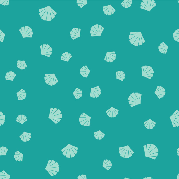 Zielony Scallop ikona muszli morza odizolowany bezszwowy wzór na zielonym tle. Znak Seashella. Wektor. - Wektor, obraz