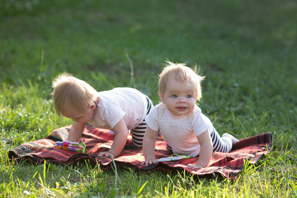 Two small twin children play on a blanket on the green grass at sunset. - Zdjęcie, obraz