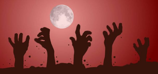ゾンビの手の上昇彼は月に地面から。他の層に手。地面からゾンビの手が出てきた。怖い手、ハロウィーンパーティーのシンボル。手を上げるピクトグラム. - 写真・画像