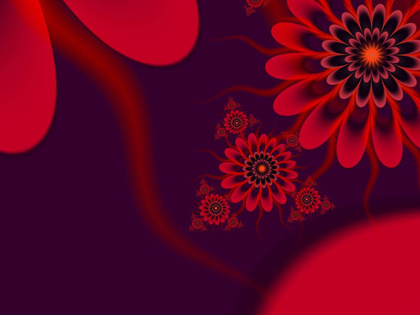 Red fractal image with fantasy flowers. Template with place for inserting your text. Fractal art as red background. - Photo, Image