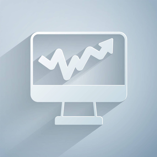 Paper cut Computer monitor with graph chart icon isolated on grey background. Report text file icon. Accounting sign. Audit, analysis, planning. Paper art style. Vector - Vector, afbeelding