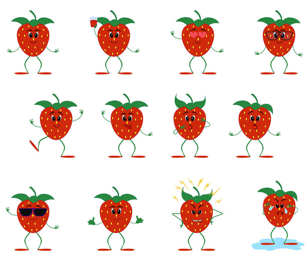 Cartoon red strawberry character emotion set isolated on white. Cute orange vegetable fruit mascot. Vector illustration. - Vector, Imagen