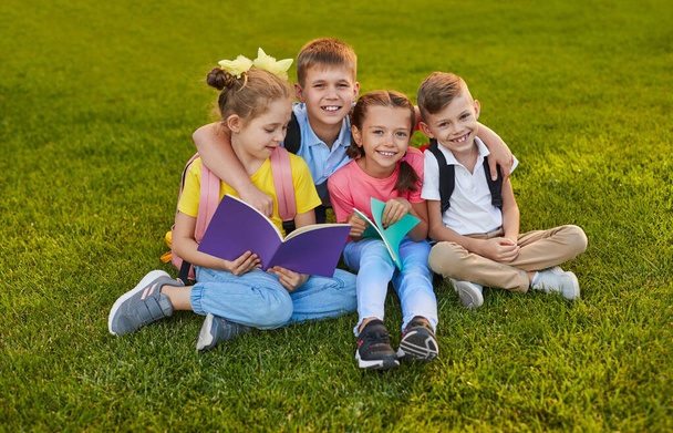 Gelukkige schoolkinderen met copybooks zittend op gras - Foto, afbeelding