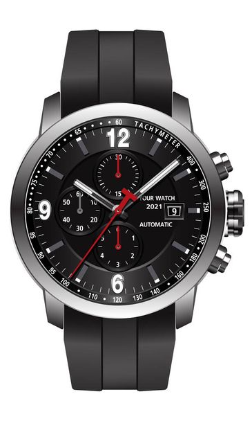 Realistické hodinky chronograf nerezová ocel černá guma ve směru hodinových ručiček červená bílá móda pro muže design luxusní izolované vektorové ilustrace. - Vektor, obrázek