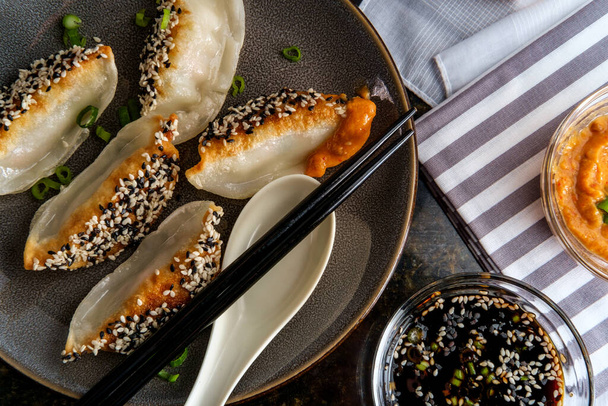 Gnocchi di wonton di verdure fritte cinesi con semi di sesamo bianco e nero e salsa satay di arachidi per immersione  - Foto, immagini