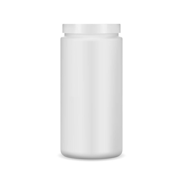 Leche lata de plástico. El frasco de proteína en polvo se burla. Envase del cilindro, diseño realista del vector, paquete de tabletas de la medicina - Vector, imagen