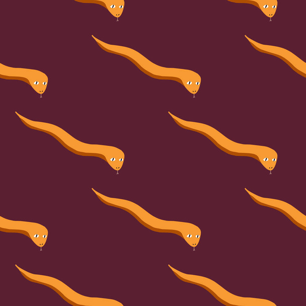 Heldere oranje wormen silhouetten naadloze doodle patroon. Maroon donkere achtergrond. Wildlife kunstwerk. Voorraadillustratie. Vector ontwerp voor textiel, stof, cadeaupapier, wallpapers. - Vector, afbeelding