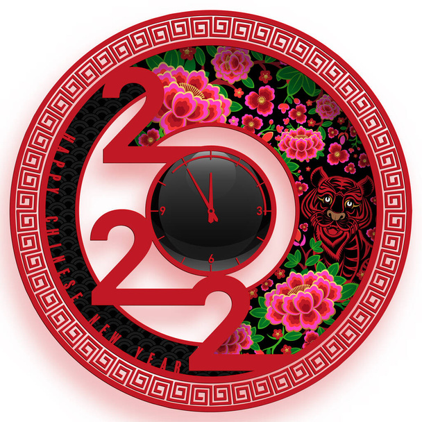 Capodanno cinese 2022 anno della tigre fiore rosso e oro ed elementi asiatici carta tagliata con stile artigianale su sfondo. (traduzione: Capodanno cinese 2022, anno della tigre ) - Vettoriali, immagini