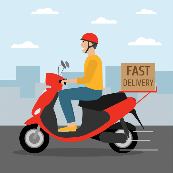 Lieferservice. Mann fährt Motorroller mit Kiste in der Stadt. Schnelle Lieferung. E-Commerce-Konzept. Schifffahrt - Vektor, Bild