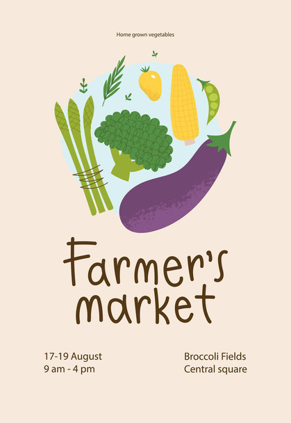 Farmers market poster design. Čerstvá místní zelenina v módním letáku pro festival potravin. - Vektor, obrázek