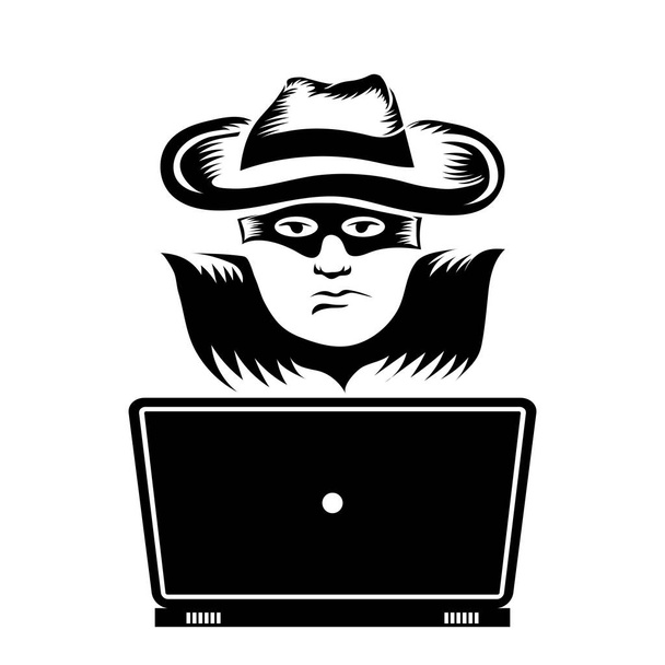Haker z ikoną Laptop izolowane na białym tle - Zdjęcie, obraz
