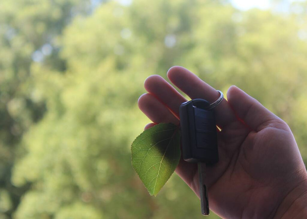 Una mano sostiene una llave de coche con una hoja sobre un fondo verde de hojas de árbol - Foto, Imagen