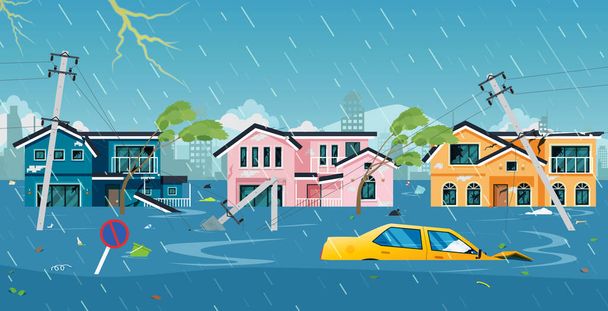 The storm wreaked havoc and flooded the city. - Vector, Image