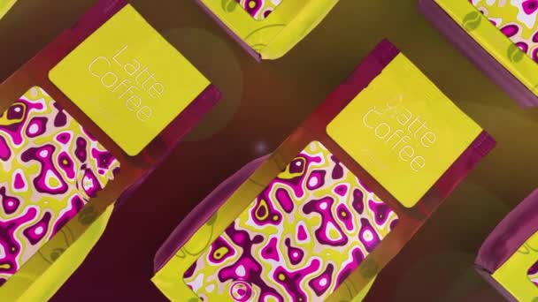 Aluminiumfolie kleurrijke zakken voor koffiebonen. Beweging. Abstract visualisatie van koffiepakketten ontwerp in gele kleuren. - Video