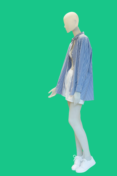 Full length image of a female display mannequin wearing fashionable clothes isolated on a green background. - Photo, Image