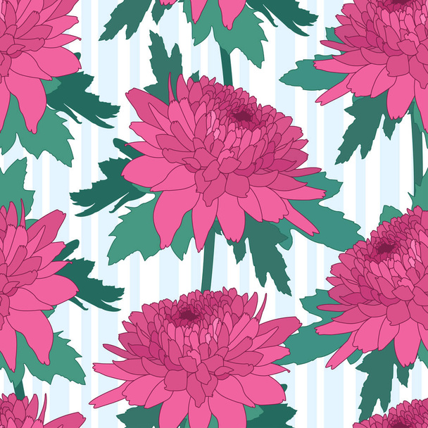 Seamless decorative pattern with pink chrysanthemum and stripes. Crown daisy repeated background. Vector - Vector, Image