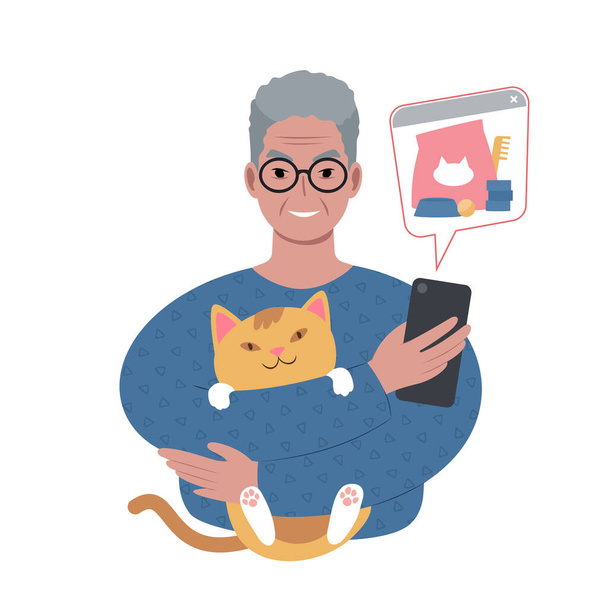старший білий чоловік з милою кішкою, що замовляє приладдя для домашніх тварин онлайн зі смартфона
. - Вектор, зображення