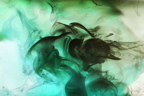 Green smoke cloud underwater background. Abstract swirling ocean, vibrant emerald color silk. Concept hookah, perfume, aroma wallpaper - Фото, зображення