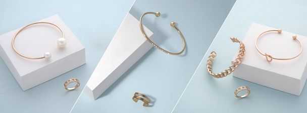 Panoramic Photo collage of golden jewelries collection on blue and white background - Fotografie, Obrázek