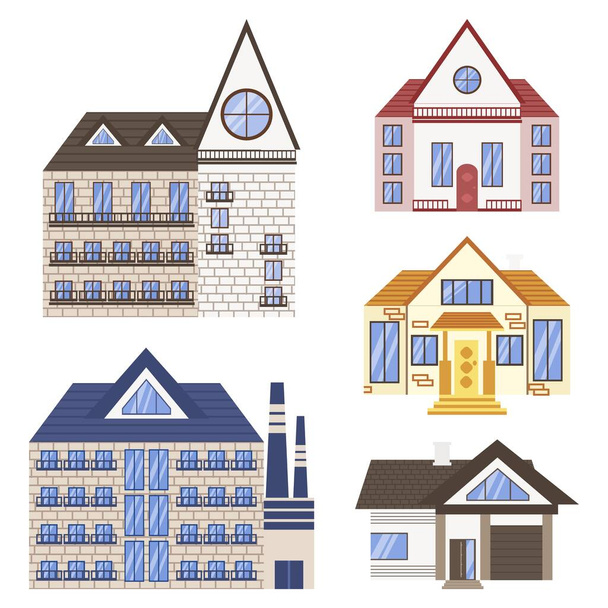 Casa di città cottage e assortiti edificio immobiliare isolato su sfondo bianco. Illustrazione vettoriale in stile piatto. set di case - Vettoriali, immagini
