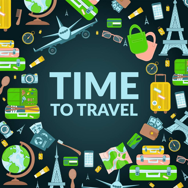 Travel vector template design with text and travel elements in colorful background. Vector illustration. Tourism banner - Vector, imagen