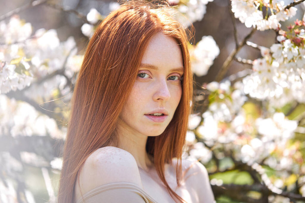 Young woman relaxing in blooming garden at sunny day. redhead woman look at camera - Фото, зображення