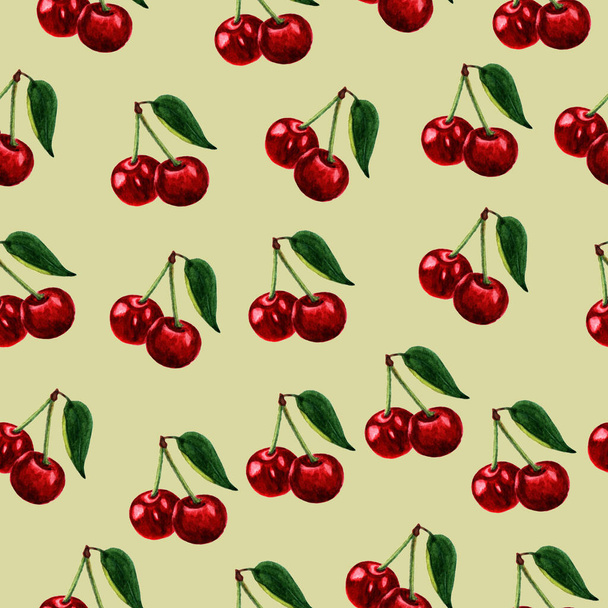 Wallpaper with bright seamless pattern of cherry. Watercolor berries for textile design, decor, postcards, invitations. - 写真・画像