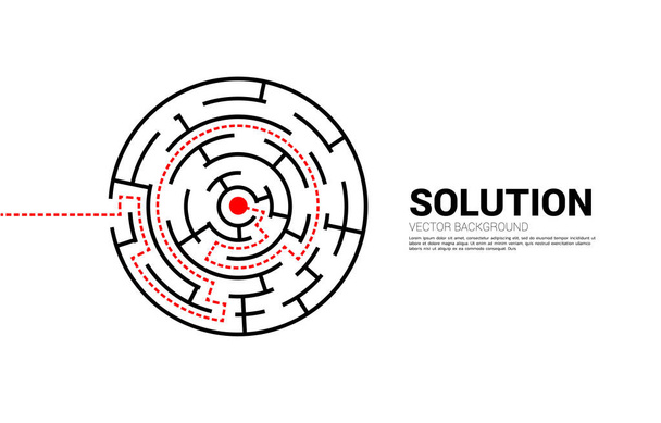 迷路の中心へのルートパスを持つ矢印。問題解決と解決戦略のビジネスコンセプト - ベクター画像