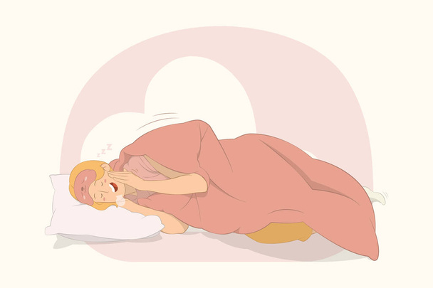 Joven durmiendo chica acostada yace envoltura cubierta bajo manta edredón en almohada bostezo concepto - Vector, imagen