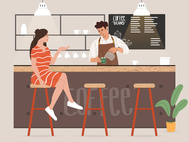 若い男性バリスタコーヒーを作ると顧客と話をする - ベクター画像