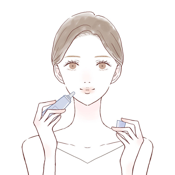 Woman applying lip balm. On a white background. - Vector, Image