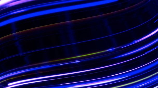 Glowing neon lines move in curved stream. Animation. Curving stream of fast-moving neon lines. Energy flow with glowing lines on black background - Photo, Image