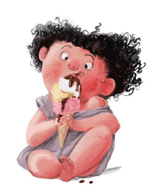 aranyos kövér göndör hajú lány eszik fagylalt - Fotó, kép